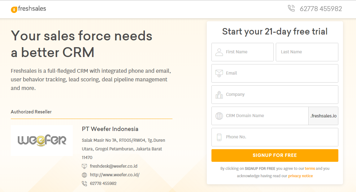 Freshsales signup page