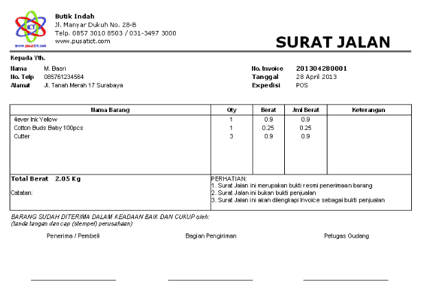 contoh surat jalan pengiriman barnag