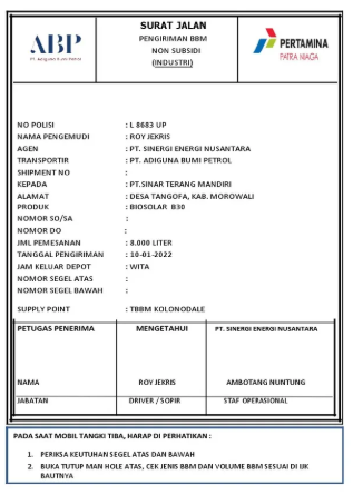 contoh surat jalan pengiriman barang distributor