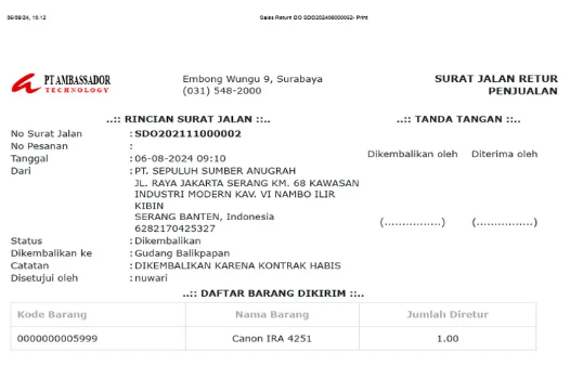 contoh surat jalan barang retur
