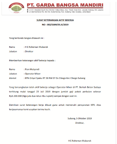 contoh surat keterangan kerja