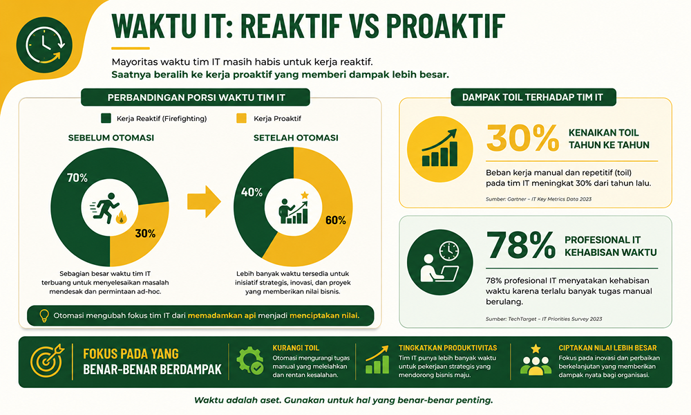 Perbandingan porsi waktu tim IT untuk kerja reaktif vs proaktif